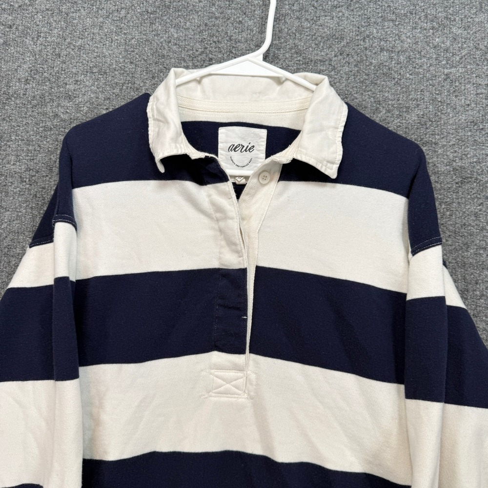 Aerie Rugby Sweatshirt Womens XS Blue Striped Oversized Coastal Pullover Fleece - Picture 2 of 11